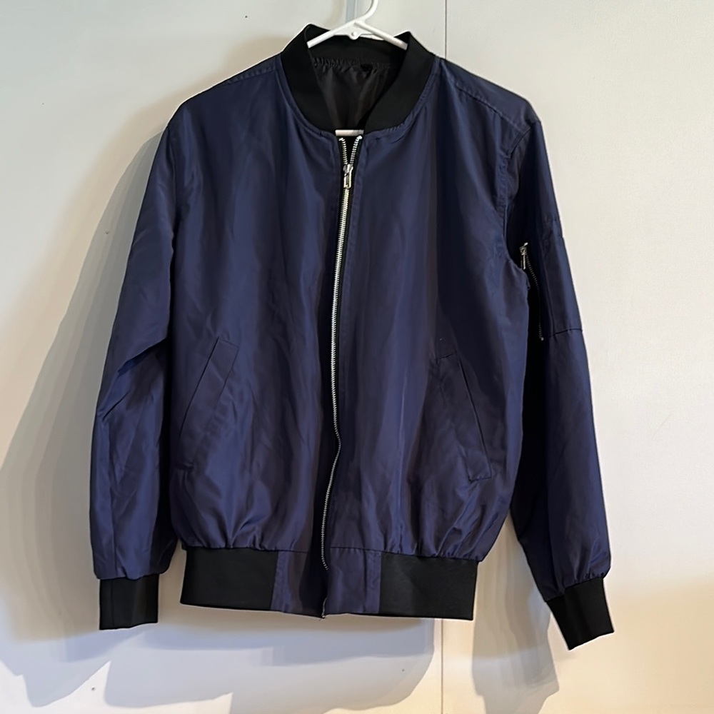 Blue Bomber Jacket with Ribbed Collar and Zipper Closure